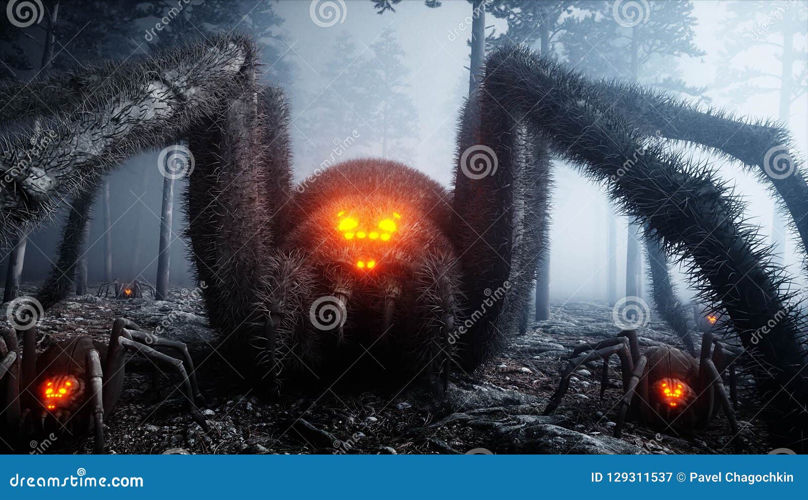 scary gigant spider in fog night forest. fear and horror. mistic and halloween concept. 3d rendering.