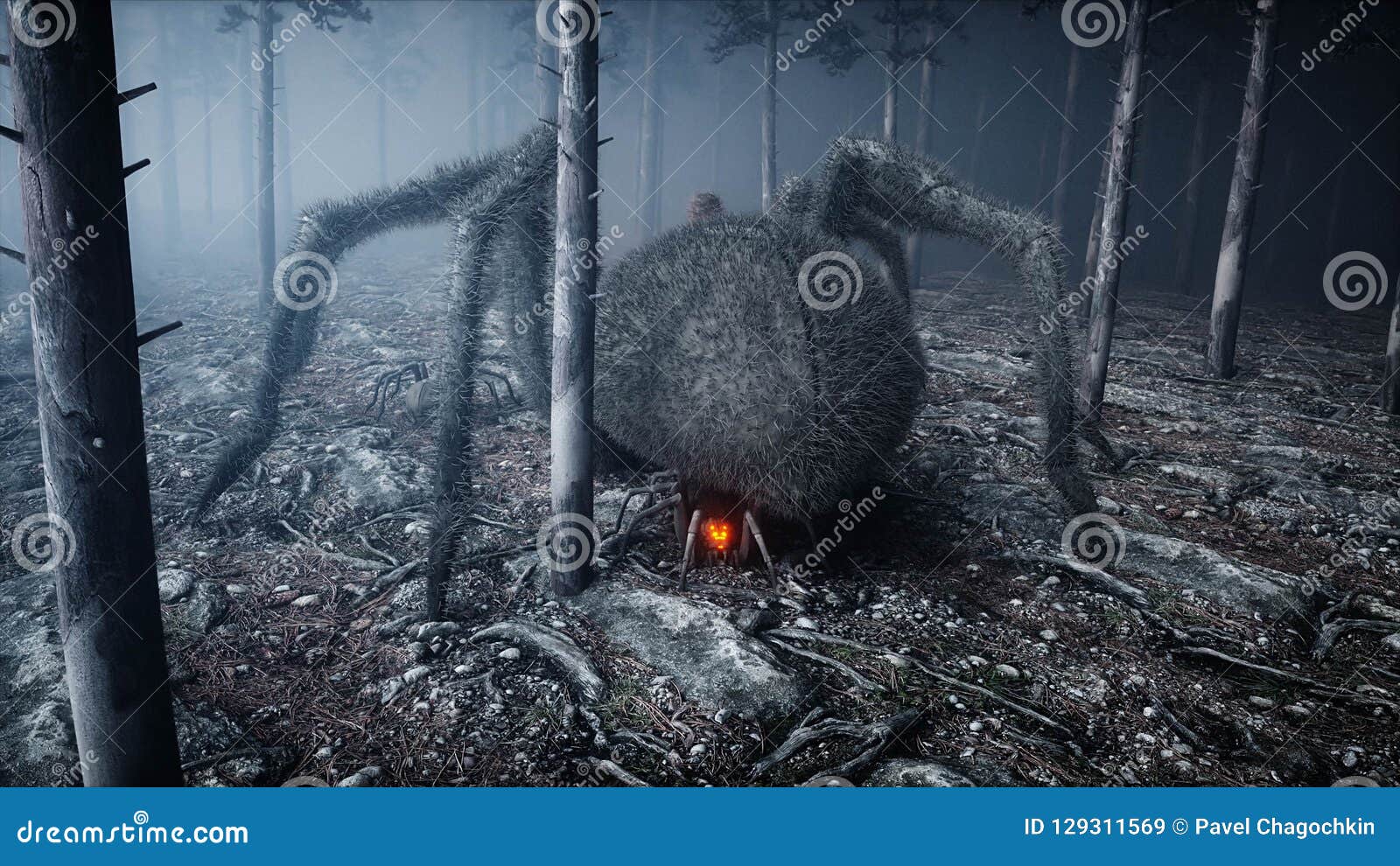 scary gigant spider in fog night forest. fear and horror. mistic and halloween concept. 3d rendering.
