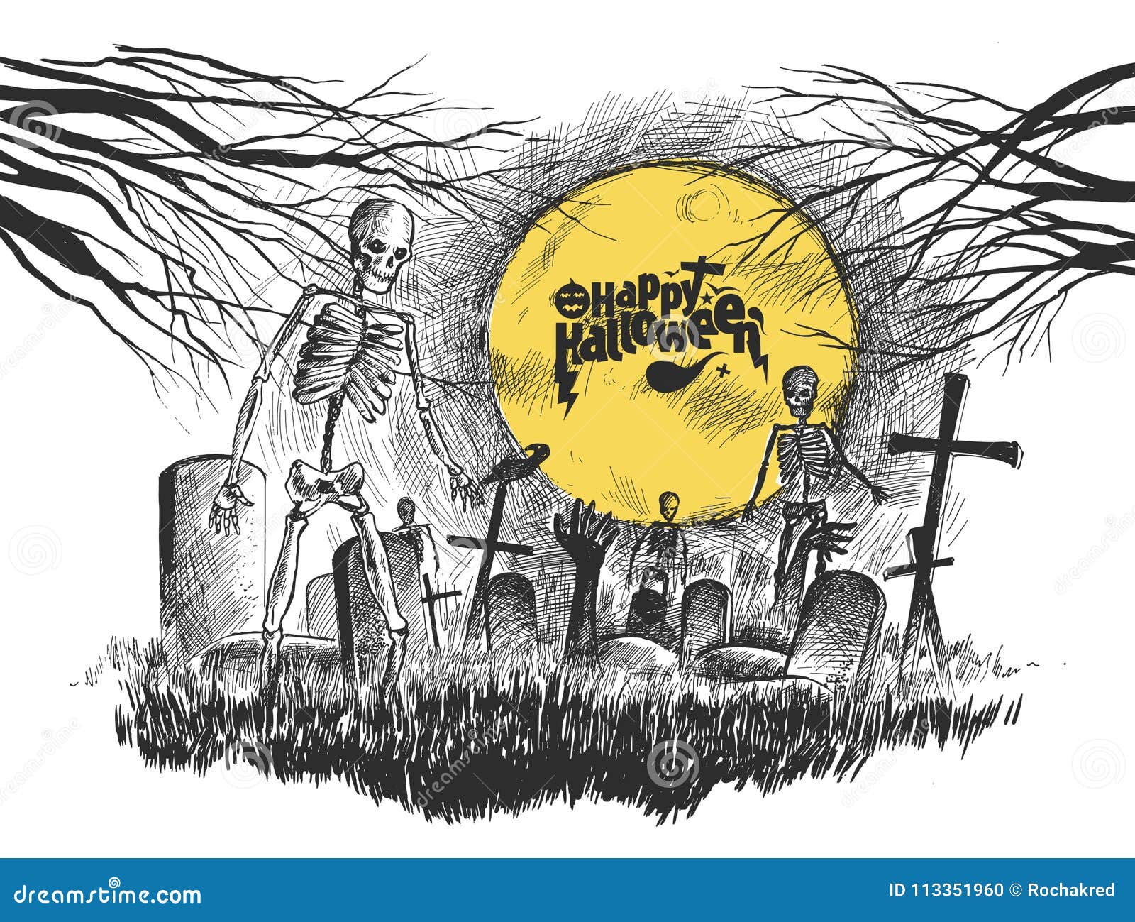 Scary Graveyard - Halloween White Background, Hand Drawn Sketch Stock  Vector - Illustration of abstract, design: 113351960