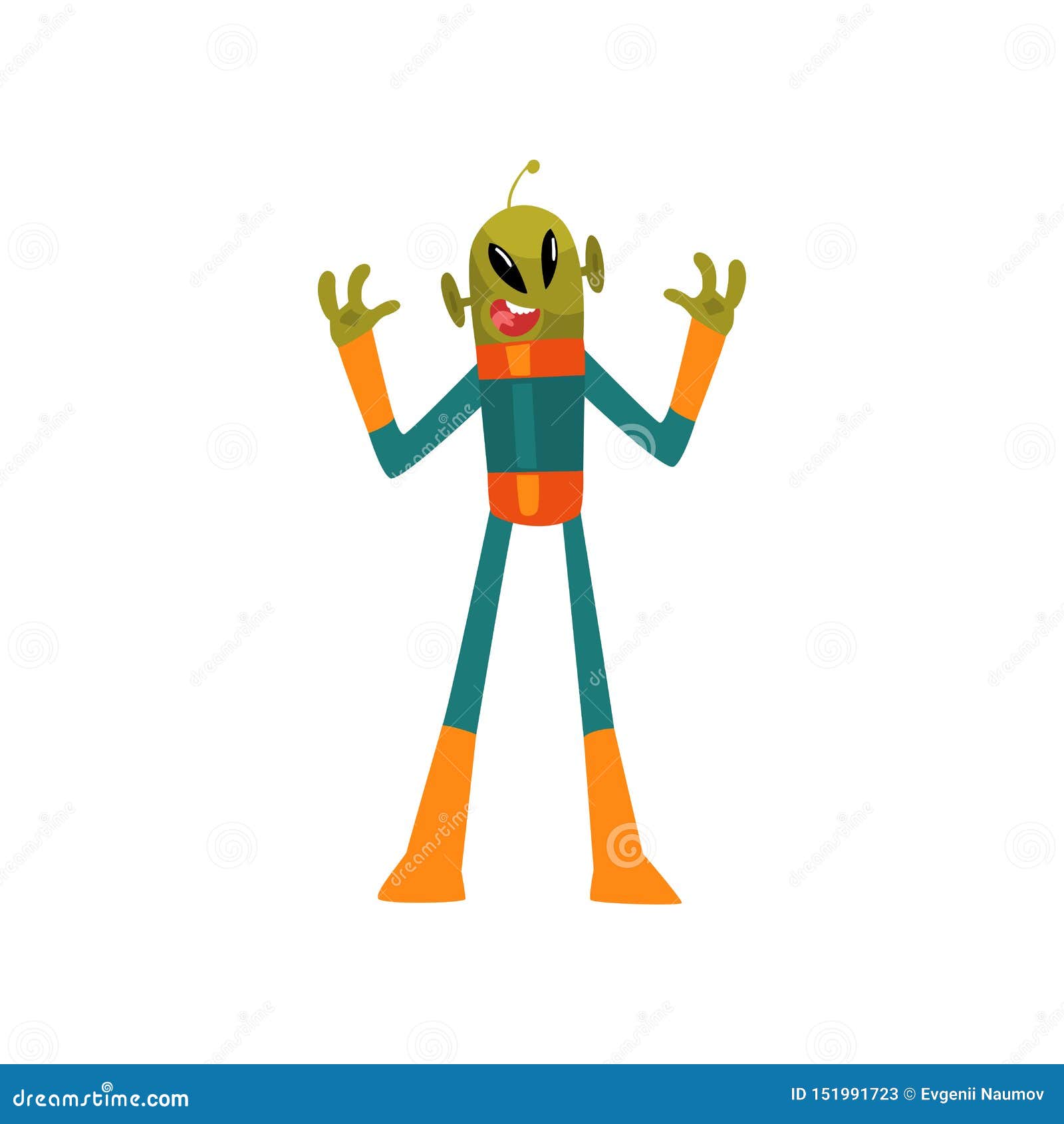 Scary Green Alien Humanoid Cartoon Character With Big Eyes Oval Shape And Small Antenna Wearing 