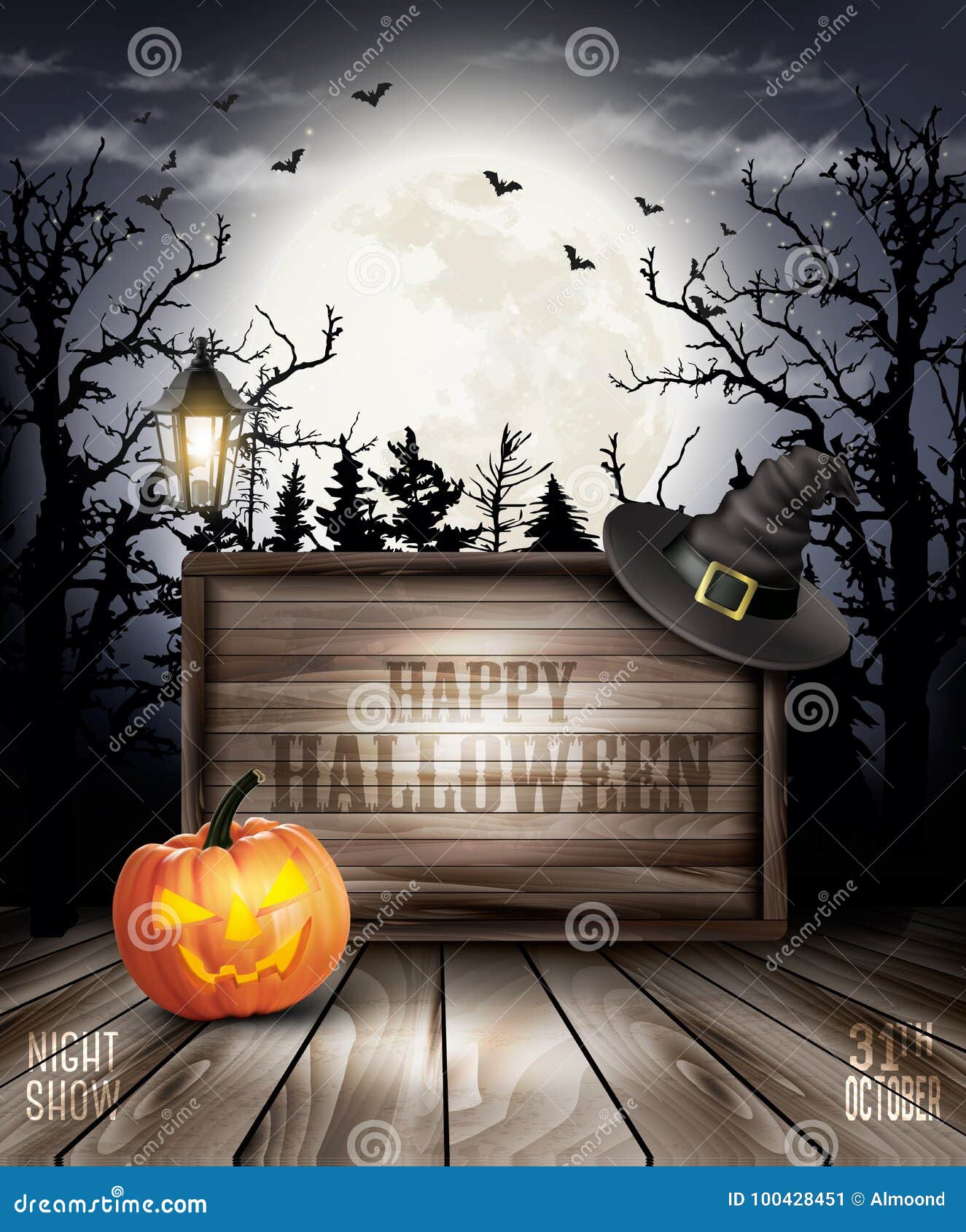 Scary Halloween Background with Pumpkin and Wooden Sign Stock Vector ...