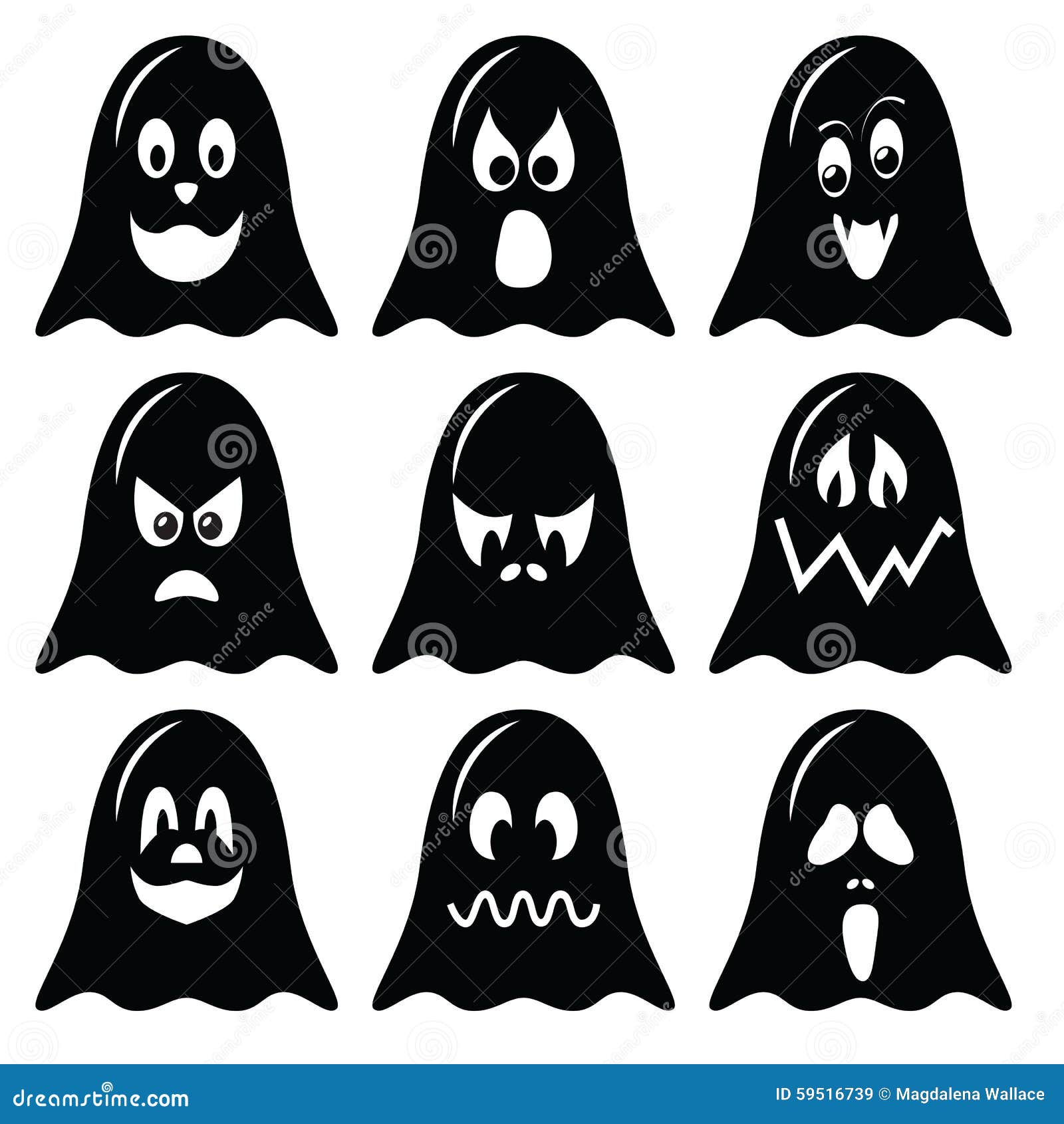 Scary Halloween Ghosts Characters Icons Set In Black And White Stock Vector Illustration Of Ghostly Design 59516739