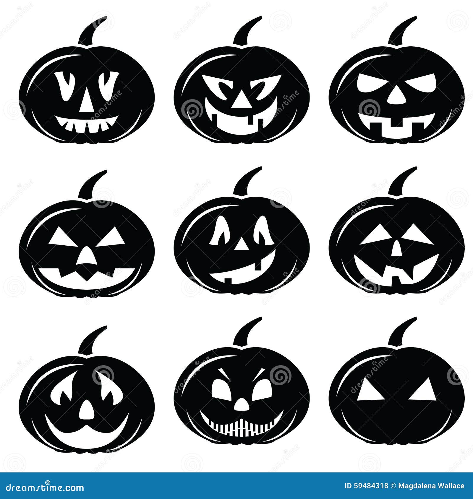 Scary Halloween Pumpkins Characters Icons Set In Black And White Stock ...