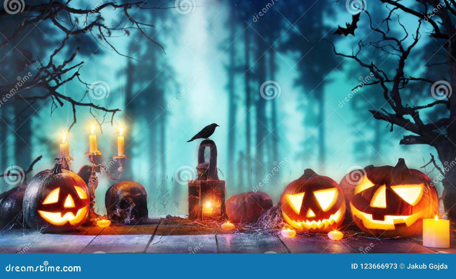 Scary Horror Background with Halloween Pumpkins Jack O Lantern Stock ...