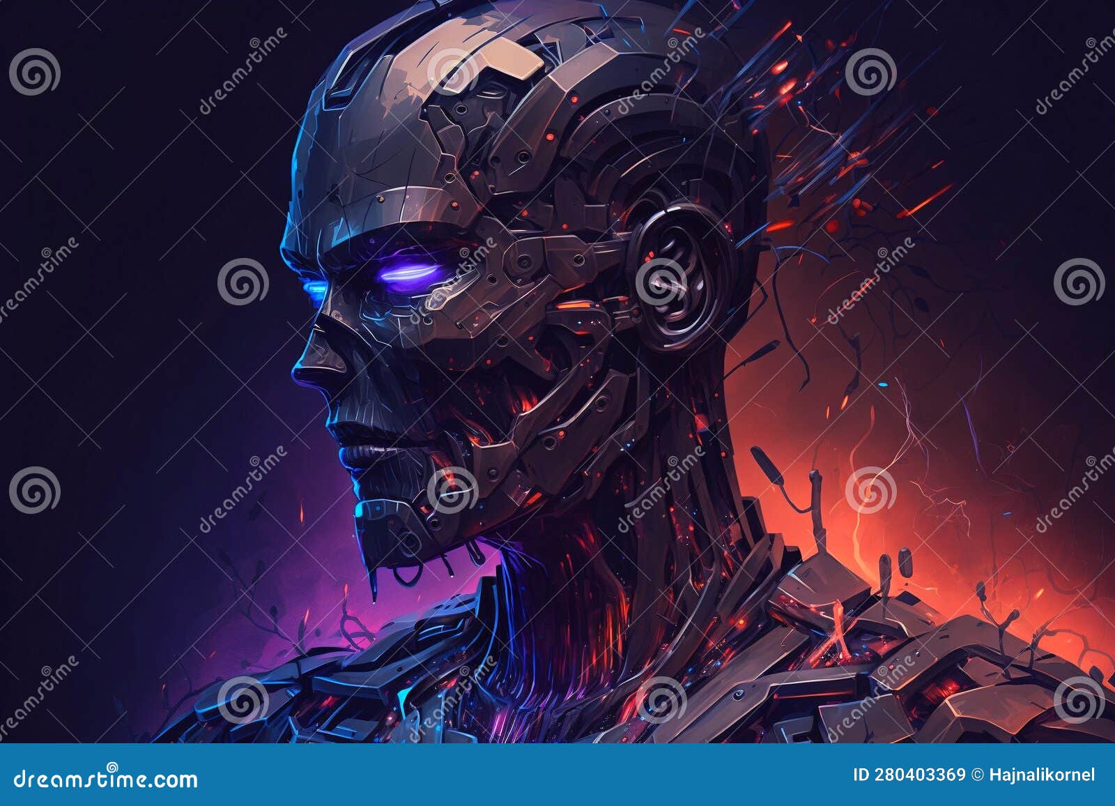 scary humanoid robot, menacing look, glowing eyes concept. ai dystopia, danger, peril. generative ai