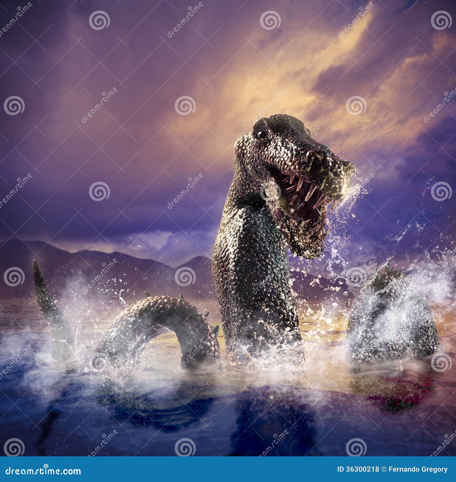Scary Loch Ness Monster emerging from water. Photo composite of Loch Ness Monster