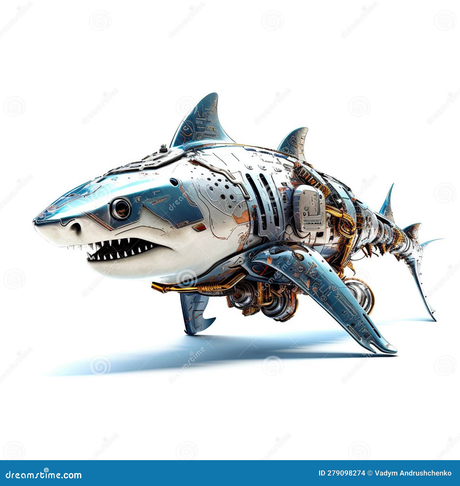Scary Shark Robot, Robotic Fish Isolated Over White Background. Created