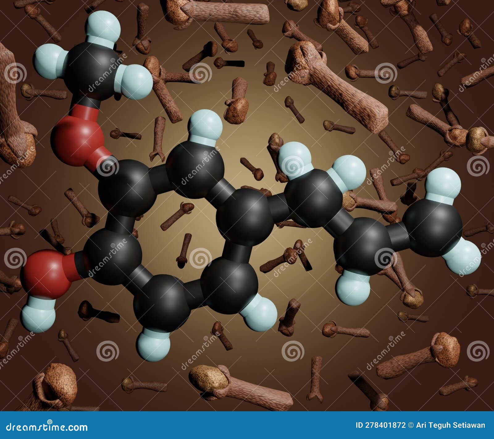 Scattered Clove Buds and Eugenol Molecule Stock Illustration