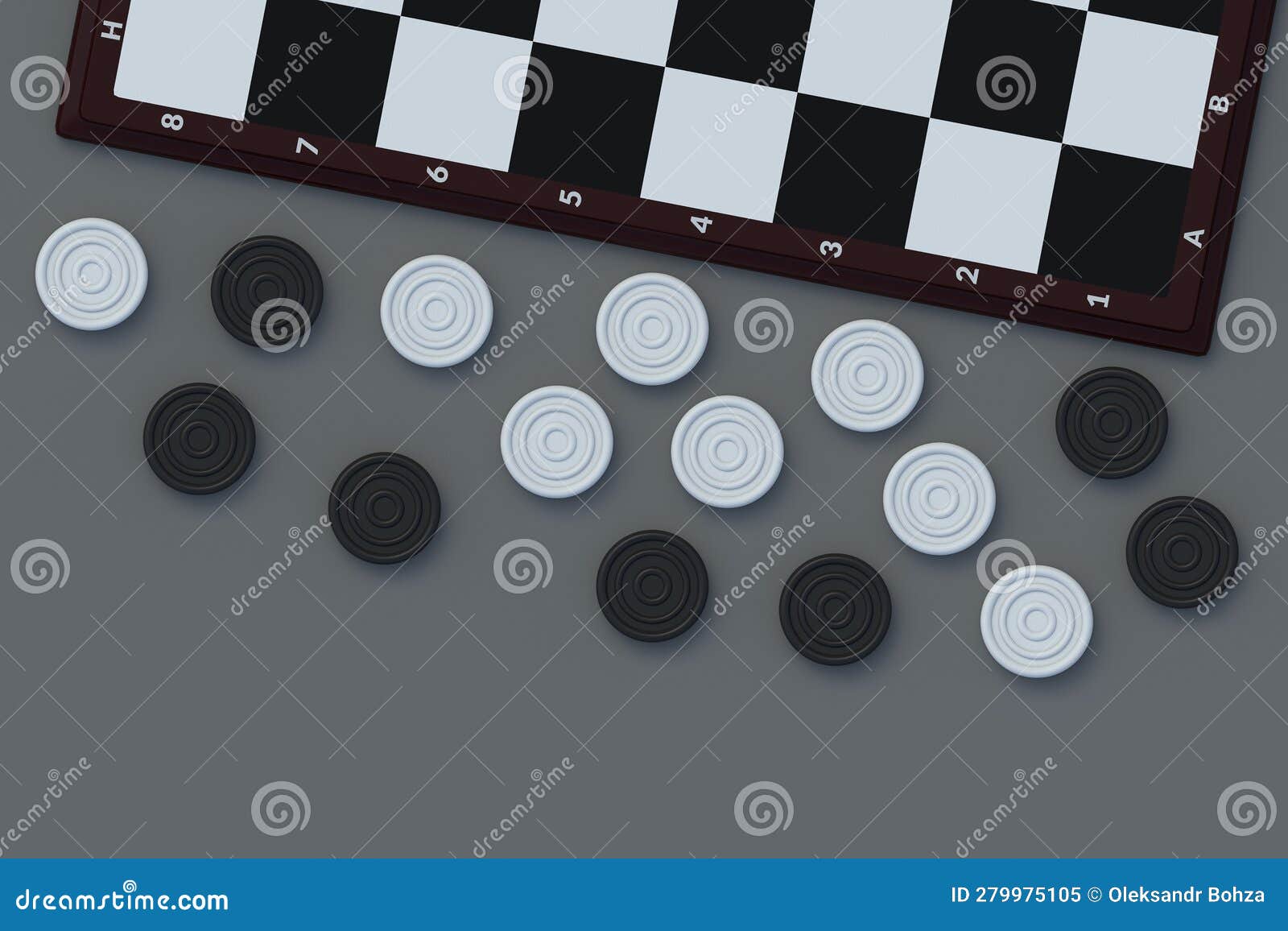 Scattered Draughts Near Checkerboard on Gray Table. Board Game