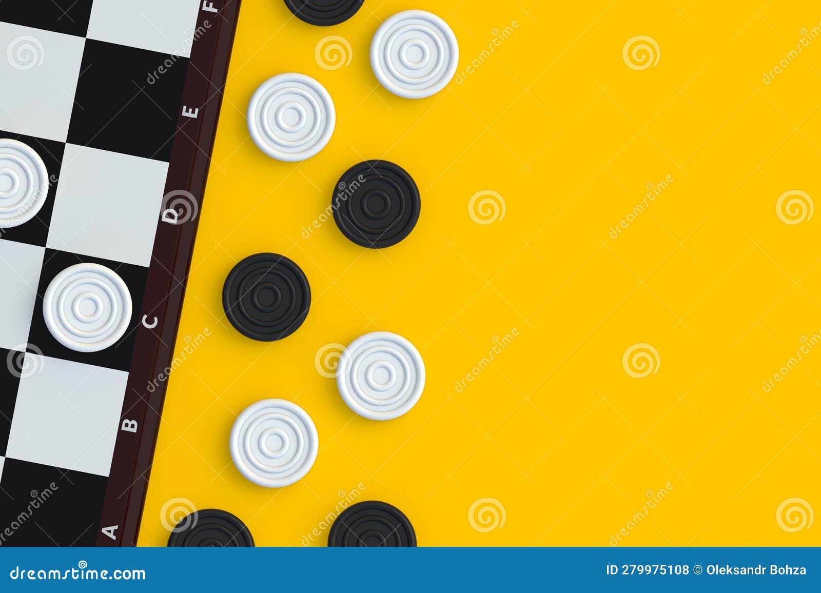 Scattered Draughts Near Checkerboard on Yellow Table. Board Game Stock