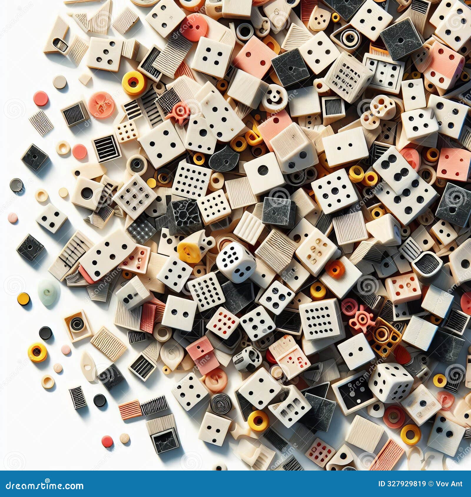scattered pieces top view with pieces clustered towards one crn