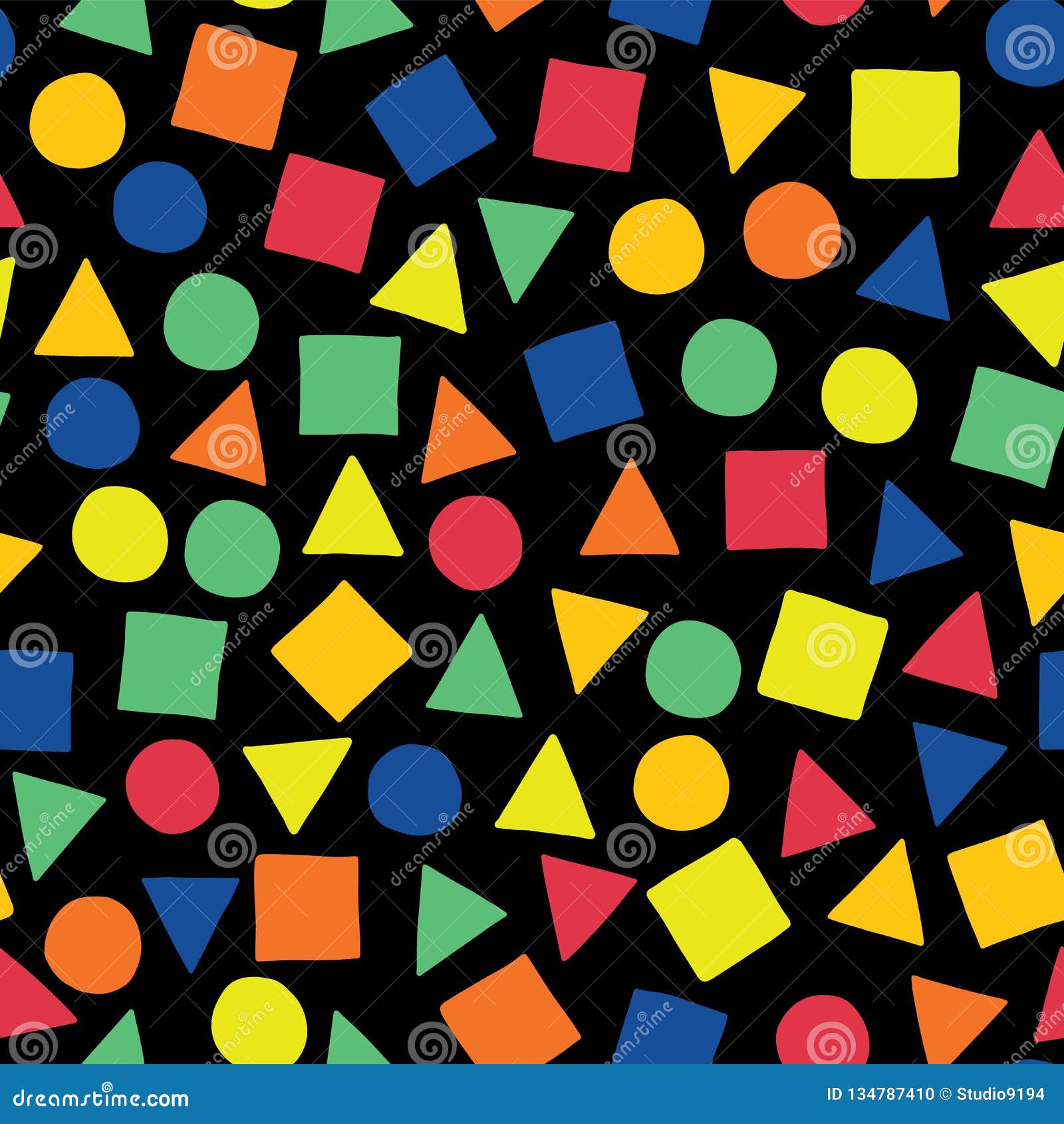 Scattered Squares, Triangles, and Circles in Blue, Orange, Red, Green