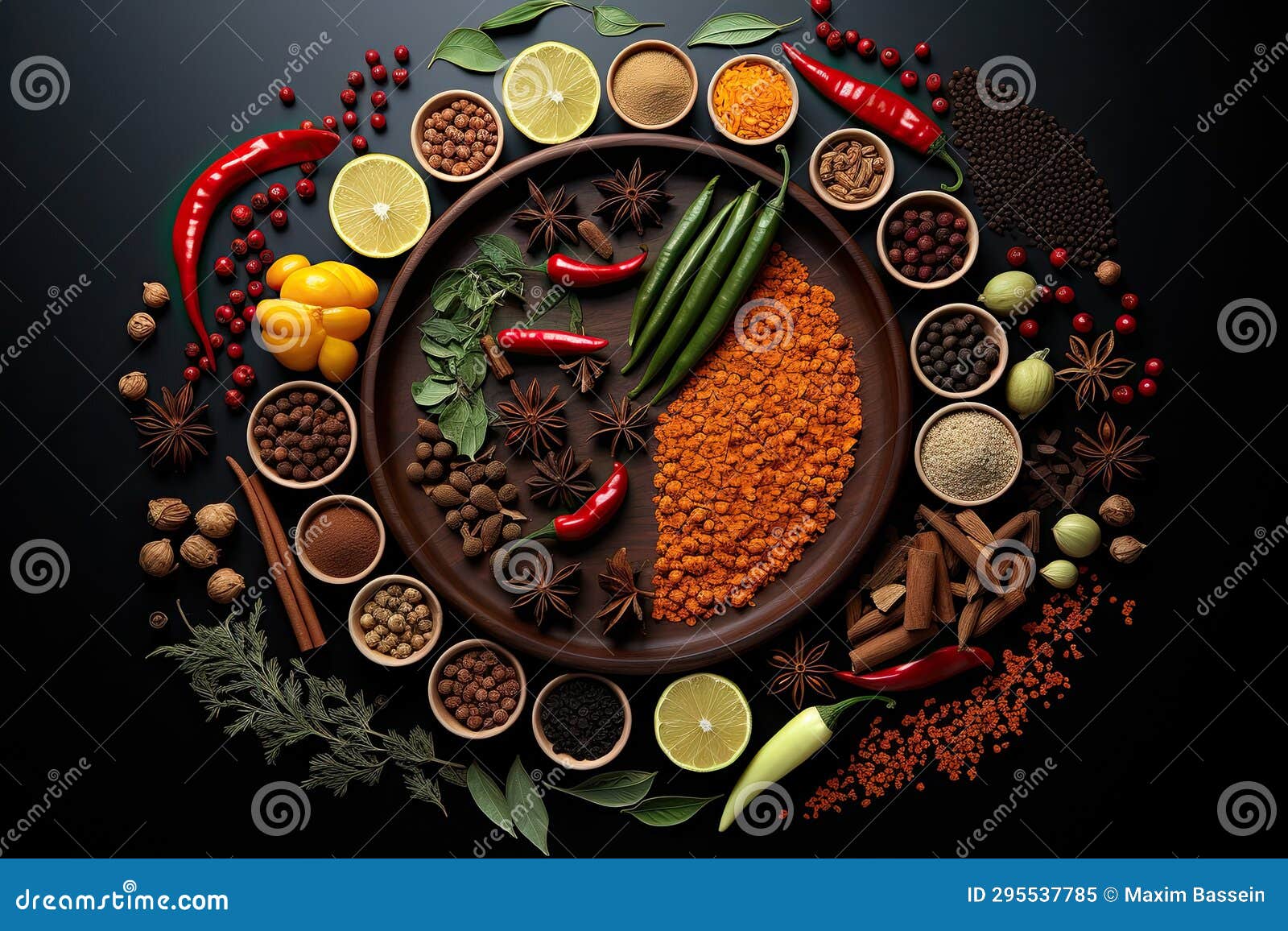 a scattering of beautiful oriental spices on a dark background in the form of a pattern. generated by ai