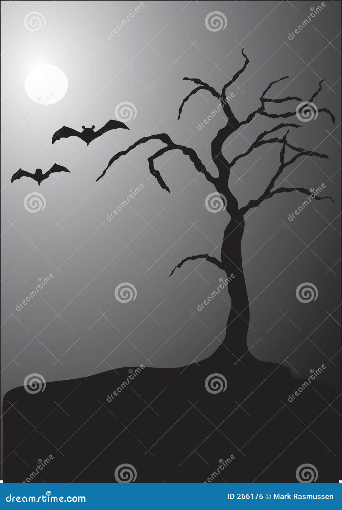 Scena di notte di Halloween con una luna piena, un albero spettrale ed una coppia di blocchi.