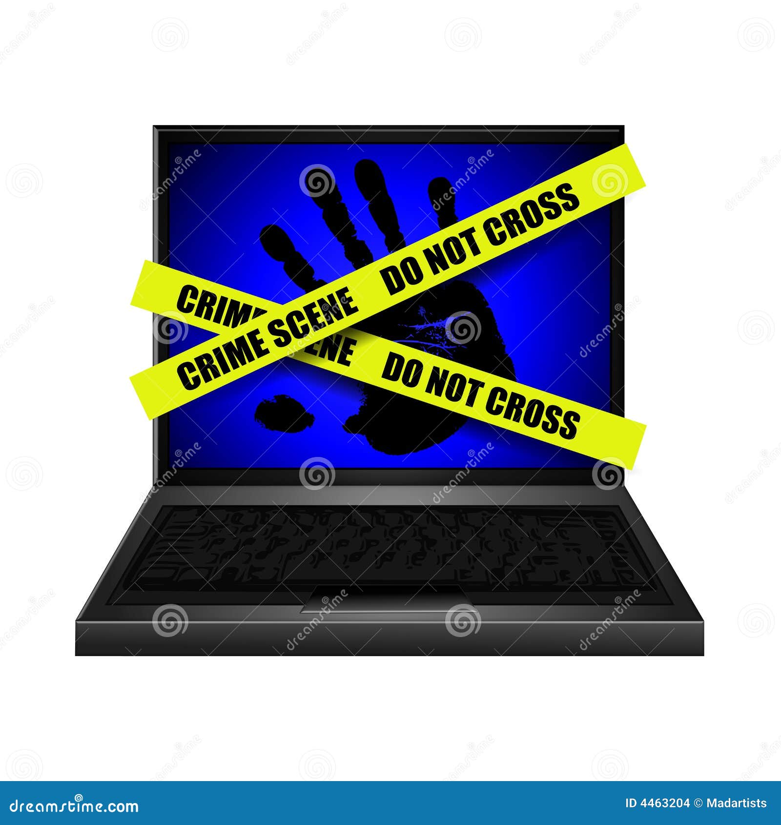 Scena zbrodni odcisk internetu. Czarny komputerowy zbrodni odcisk z laptopa na taśmę ilustracyjnej zawinięty ekranu żółty