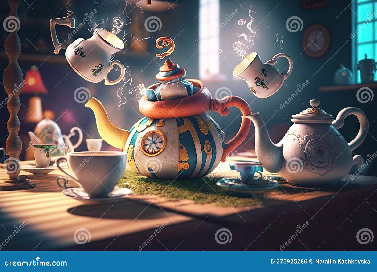 Scene from Alice in Wonderland with Flying Teapots and Cups Stock