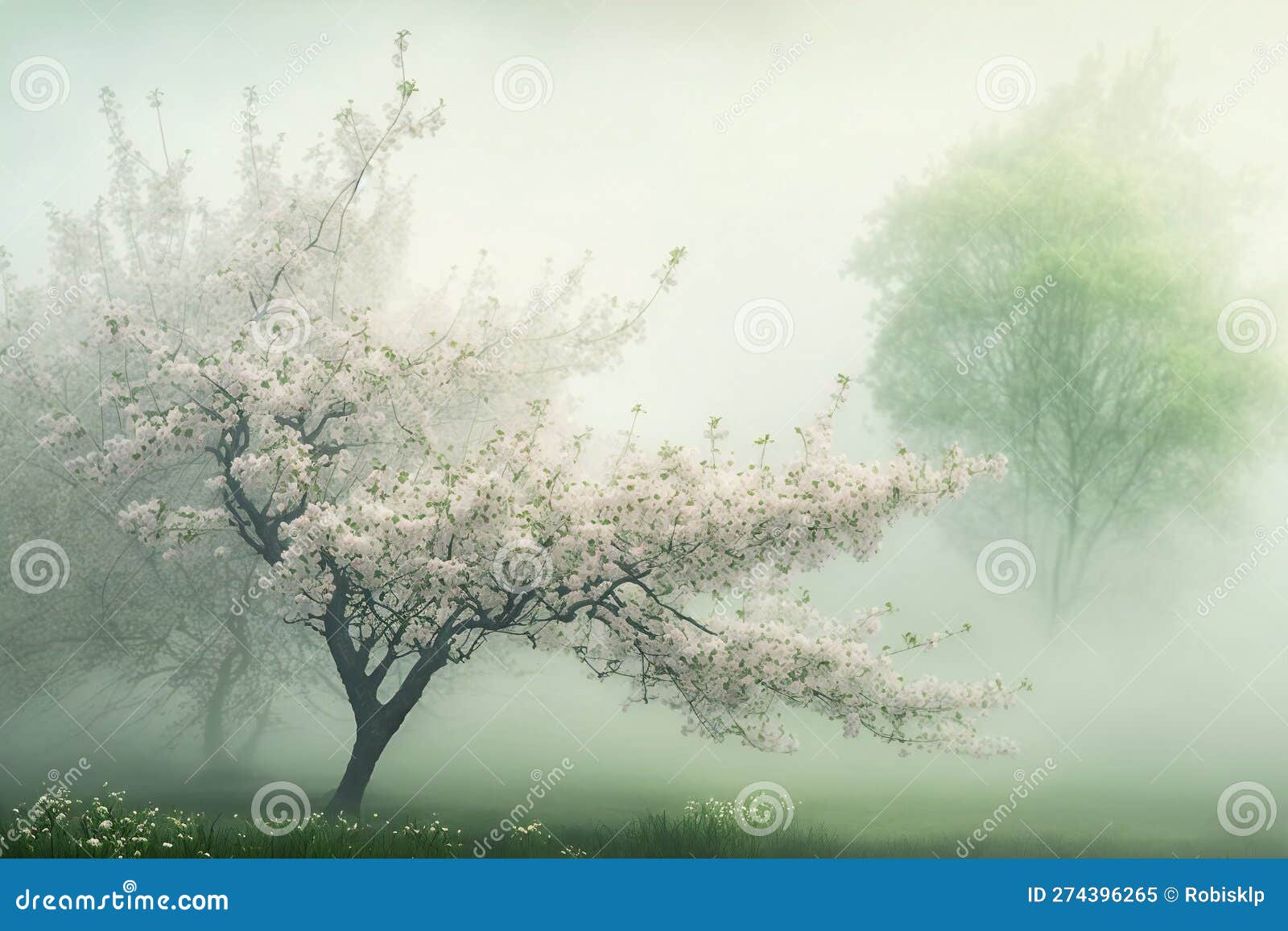 Scene with Blossoming Tree with Flowers in the Fog Stock Illustration