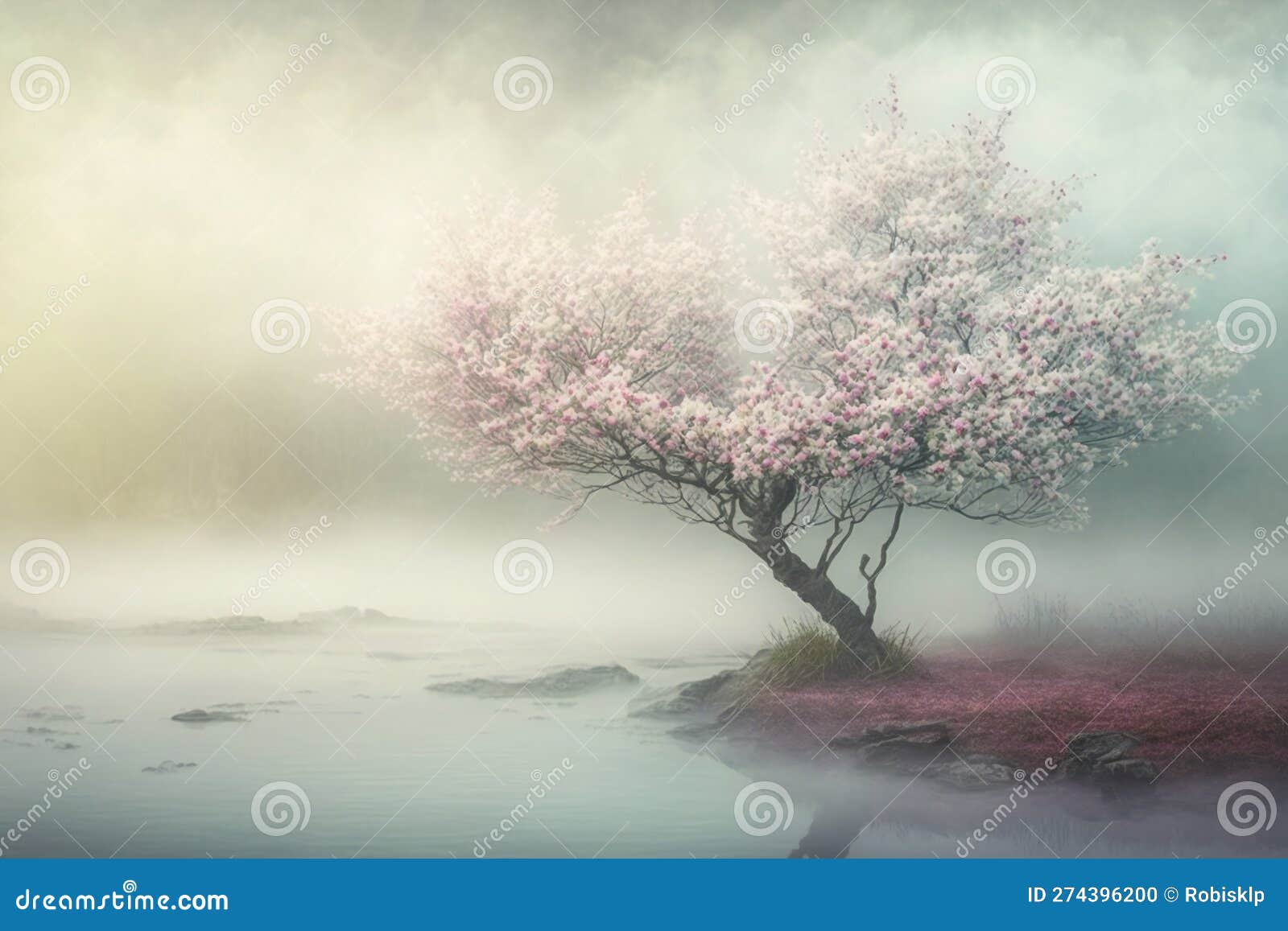 Scene with Blossoming Tree with Pink Flowers in the Fog Stock