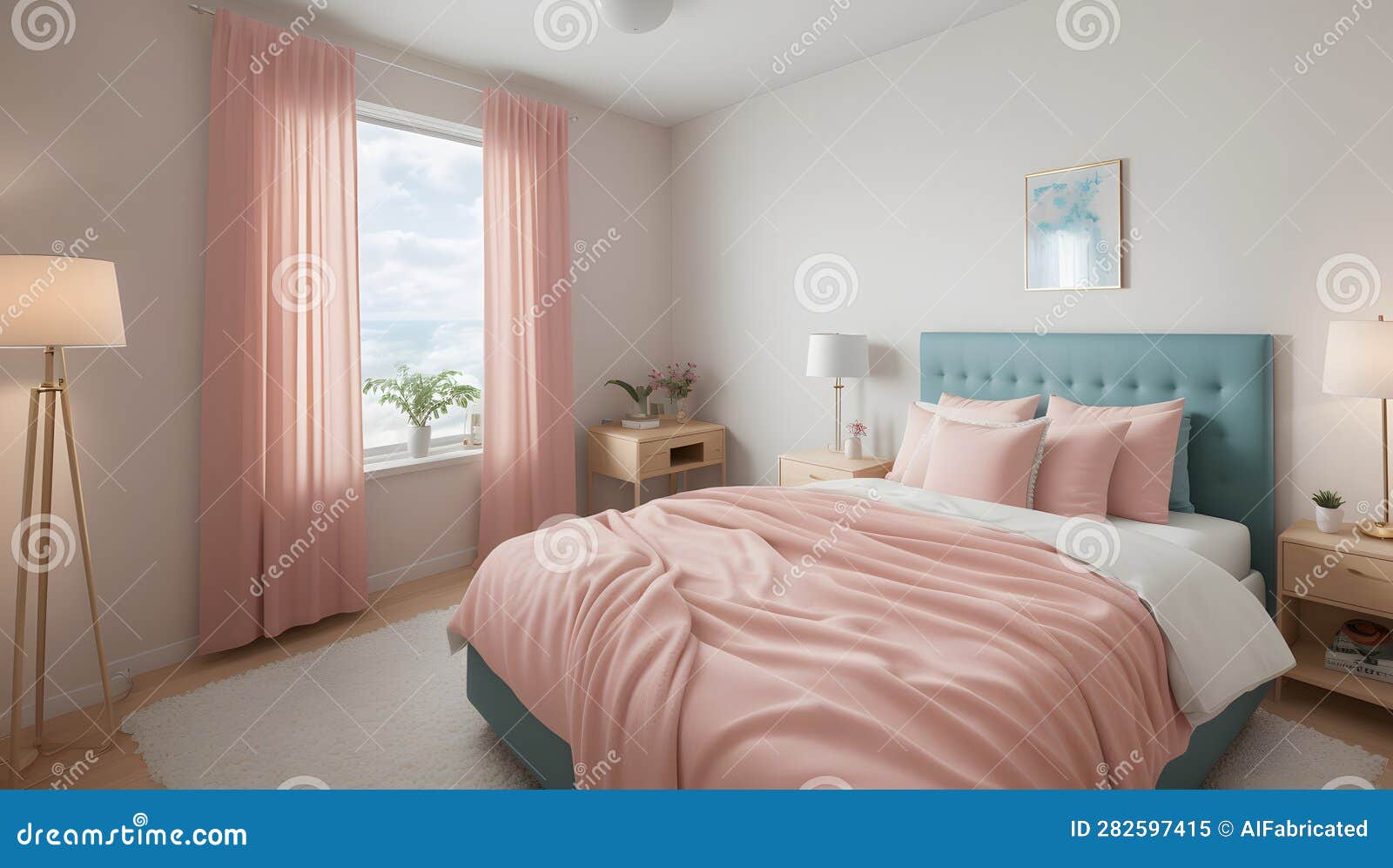 A Scene of a Dreamy Bedroom with a Pink Bed and a Blue Headboard Stock