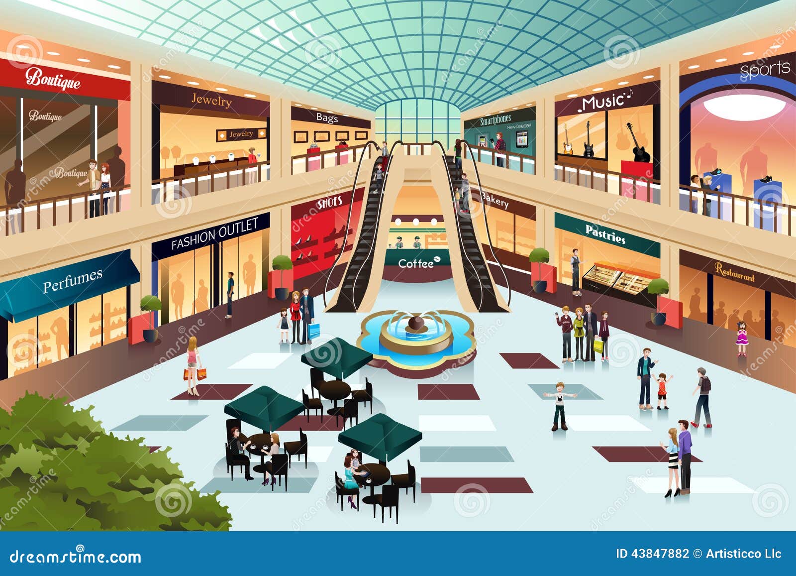 Scene inside shopping mall stock vector. Image of hall 