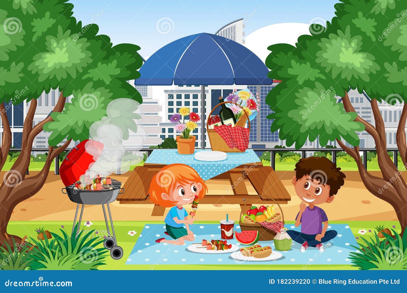 Scene with Kids Having Picnic in the Park Stock Vector - Illustration of  outdoor, barbecue: 182239220