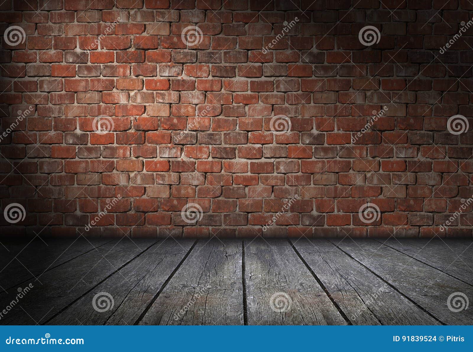 scene with spotlight on red brick wall background. empty bricks room with old wooden floor