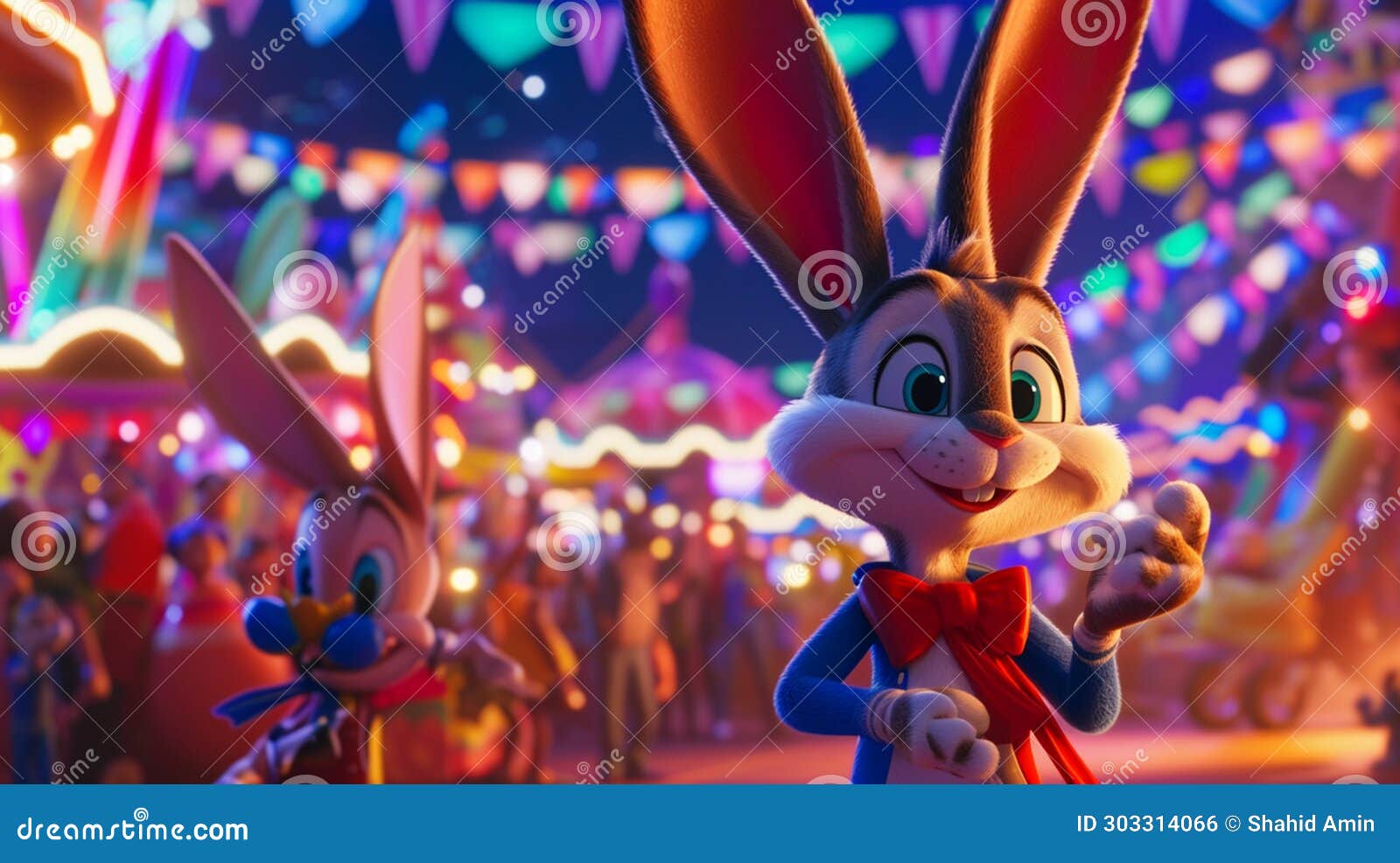 looney tunes characters in a surreal, moonlit carnival, emphasizing the vibrant colors and perfect lighting to showcase the