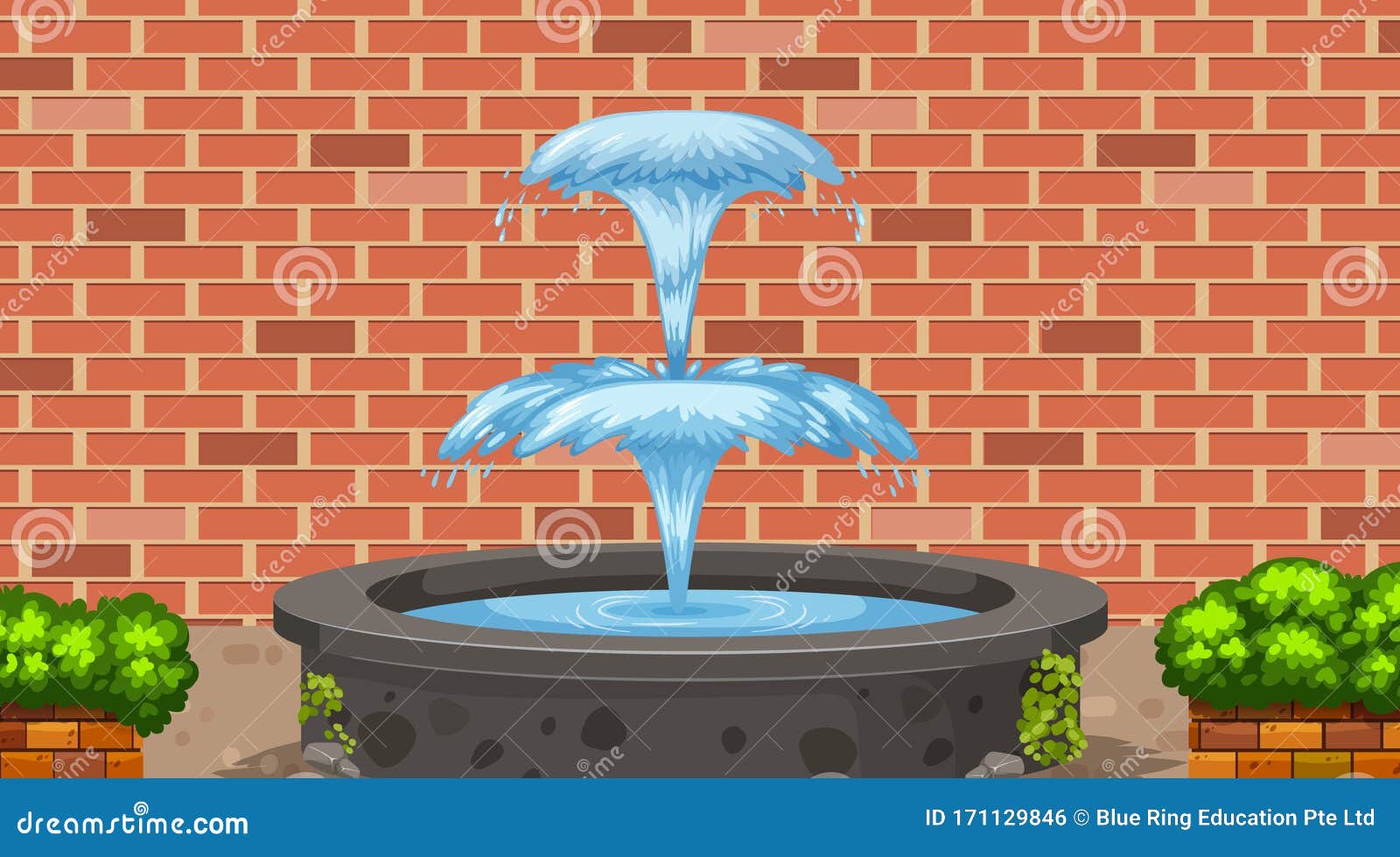 Scene with Water Fountain and Brick Wall Stock Illustration