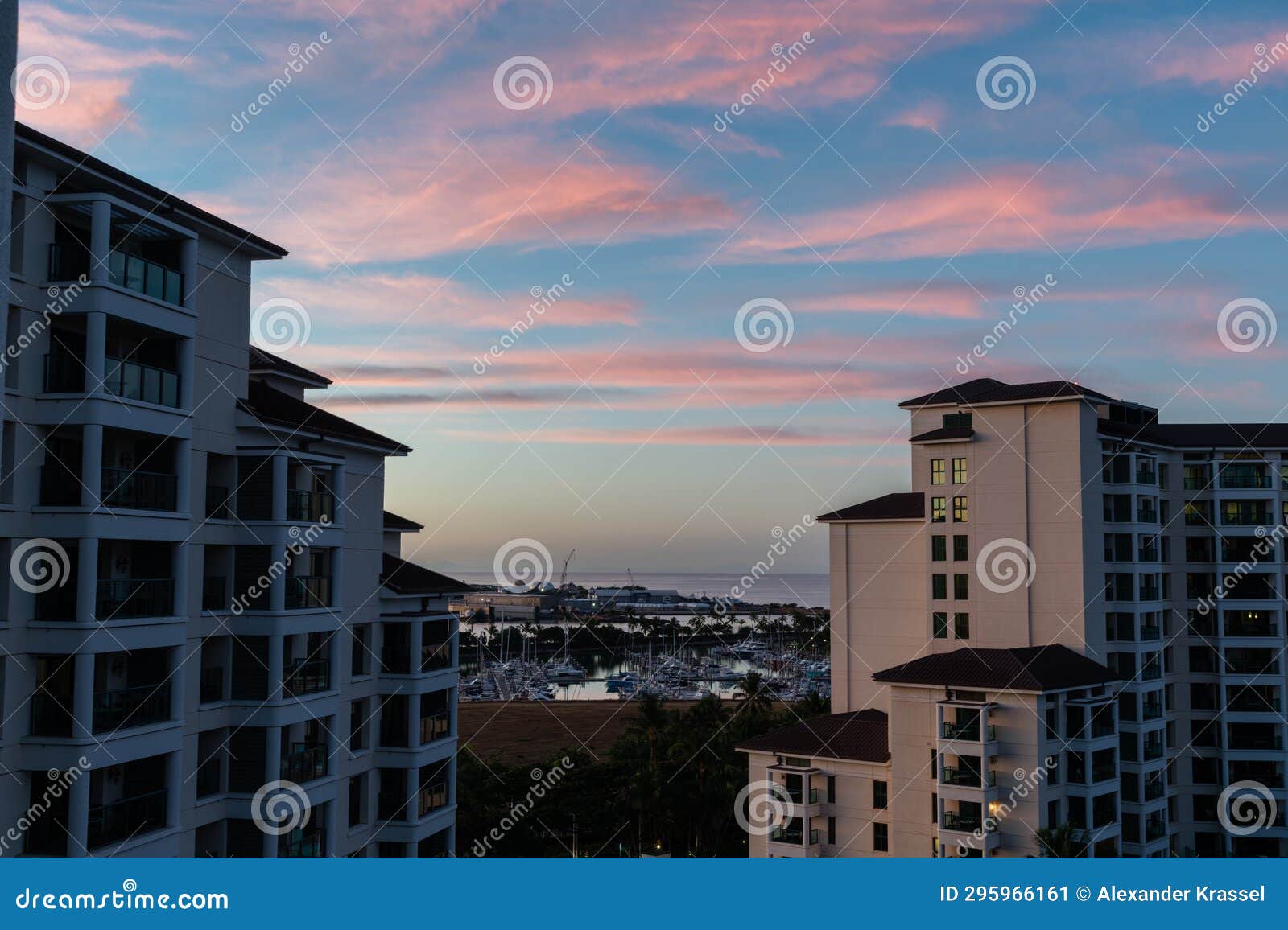 scenic aerial panoramic marina vista at dawn on oahu, hawaii