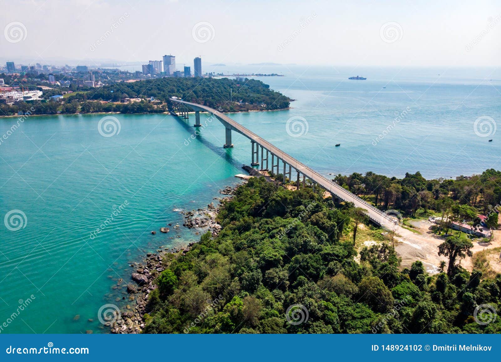 scenic aerial view of bridge over sea. bridge techo morakat to snake island koh puos. sihanoukville. cambodia. top view aerial