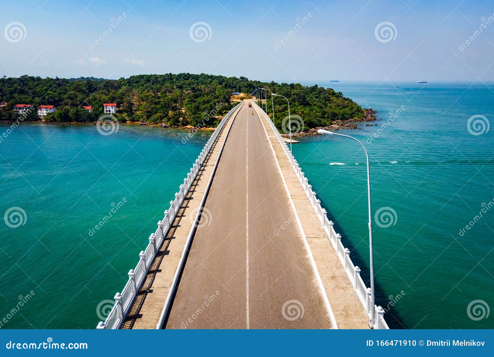 scenic aerial view of bridge over sea. bridge techo morakat to snake island koh puos. sihanoukville. cambodia. top view aerial