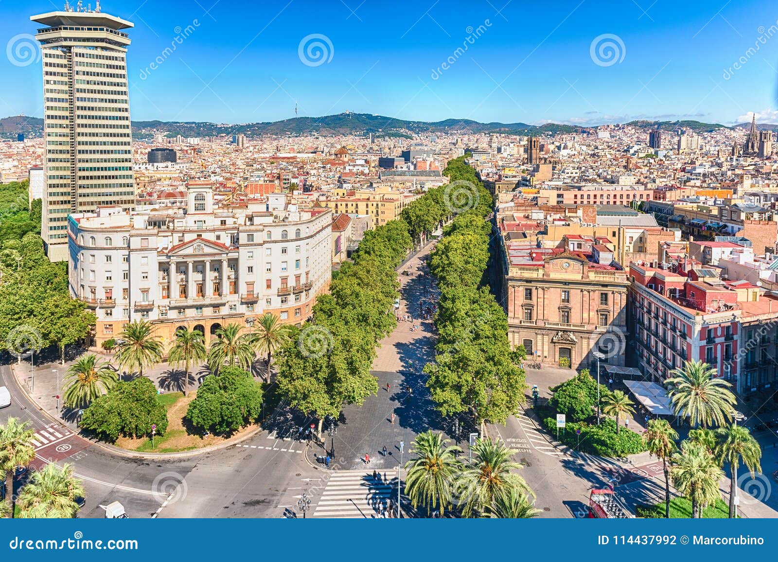 aerial view of la rambla pedestrian mall, barcelona, catalonia,