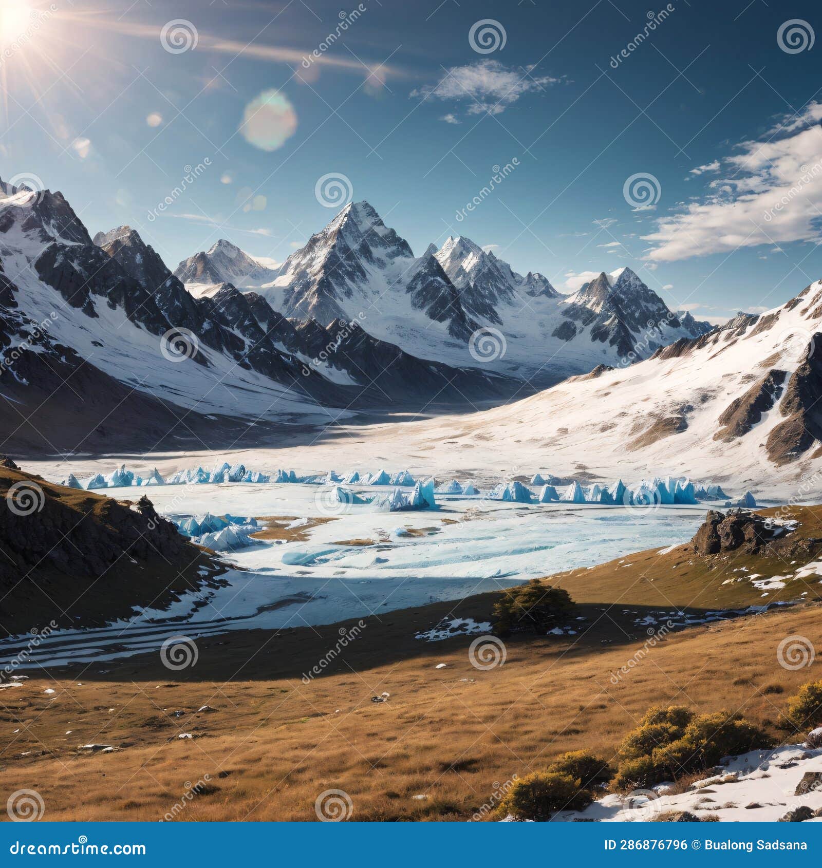 Scenic Alpine View from Sunlit Green Grassy Hill To High Snowy Mountain ...