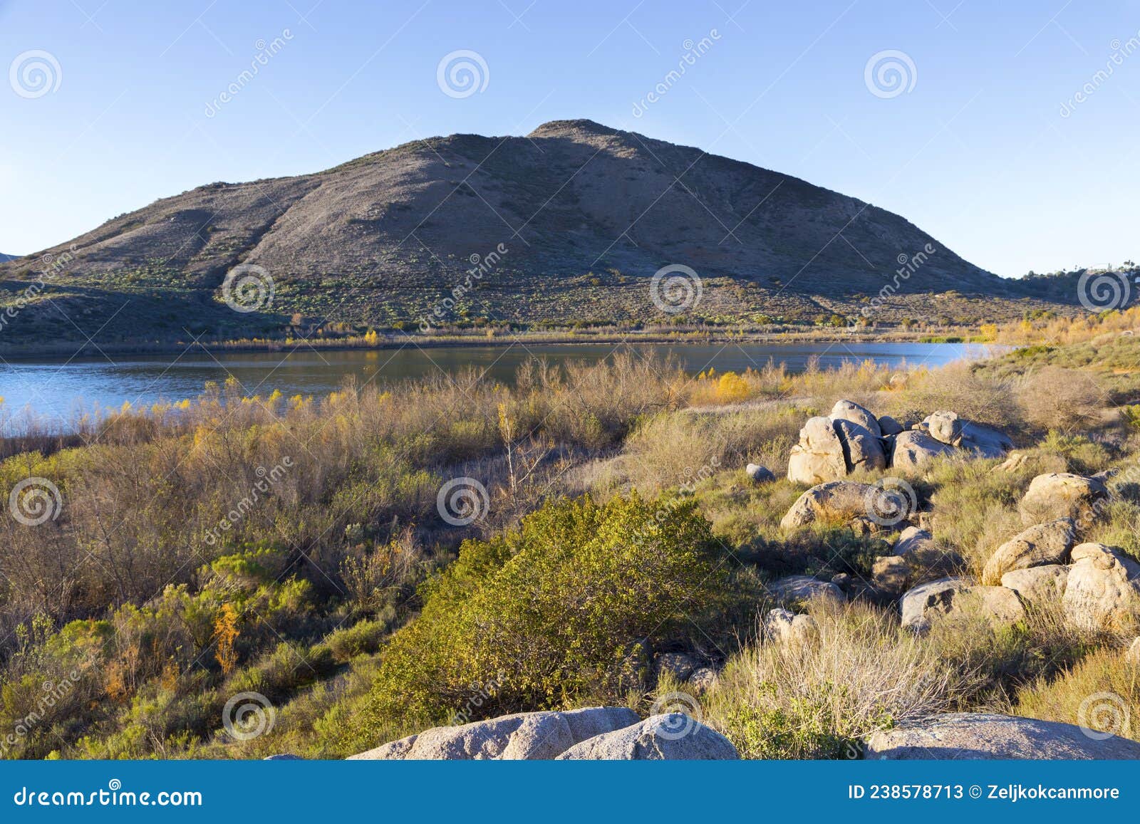 scenic landscape at lake hodges with bernardo mountain on a hiking trail