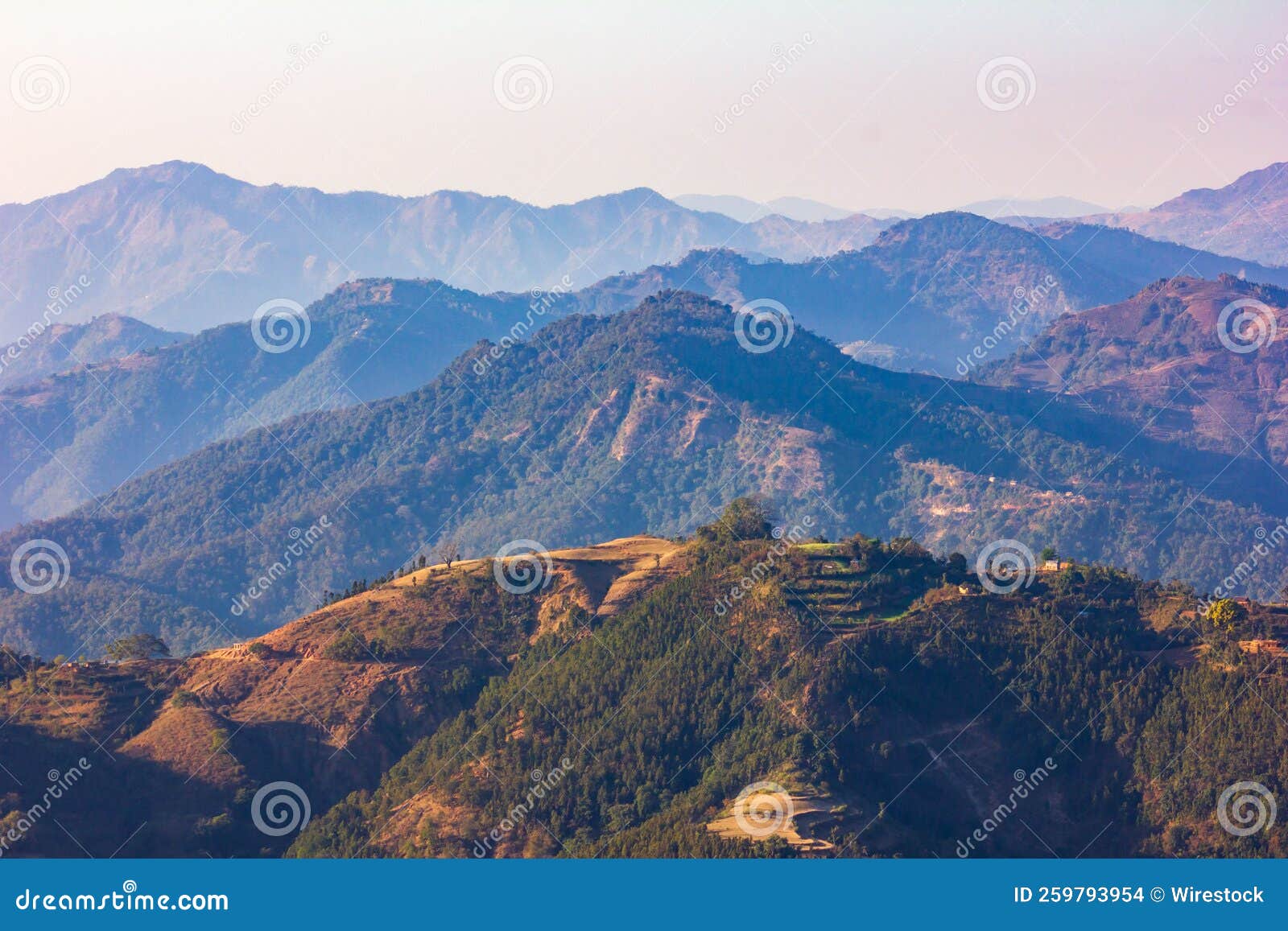 Scenic Landscape of Layers of Hills and Forest Mountains Under the