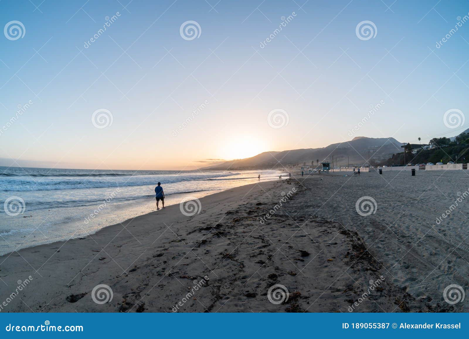 scenic panoramic zuma beach vista at sunset, malibu,california