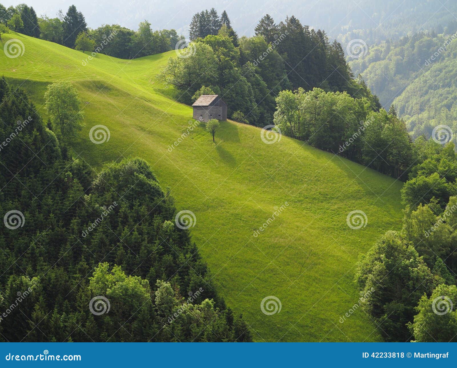 mountain hut on steep green hill