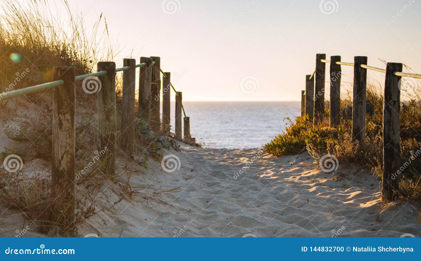 scenic sunset on beach with wooden fence. entrance to beach in evening sunlight. wooden columns and path on sand.