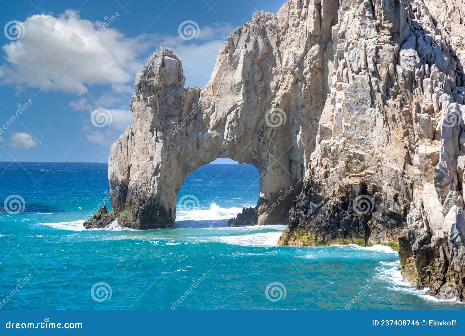 scenic tourist destination arch of cabo san lucas, el arco, close to playa amantes, lovers beach known as playa del amor