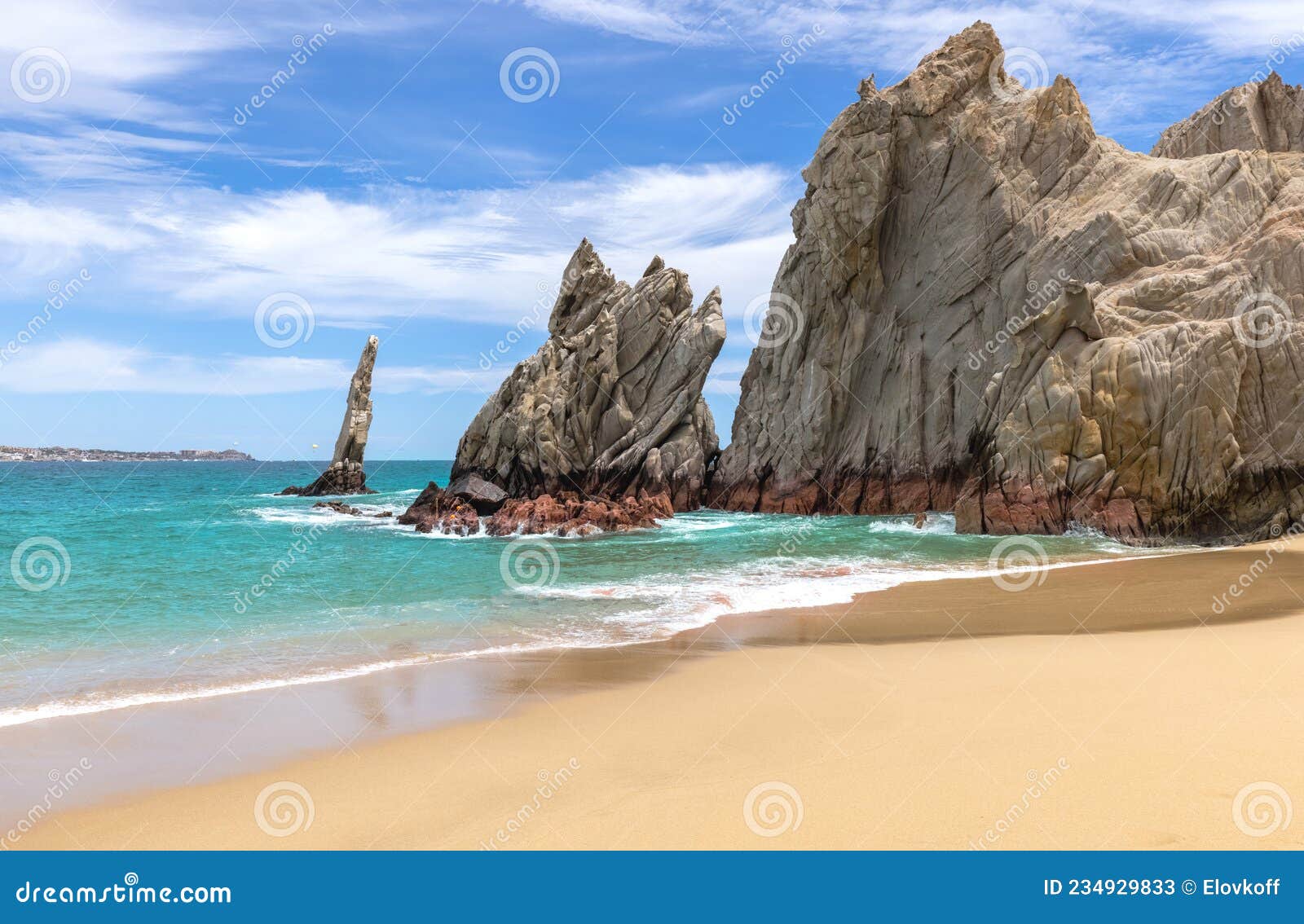 scenic travel destination beach playa amantes, lovers beach known as playa del amor located near scenic arch of cabo san