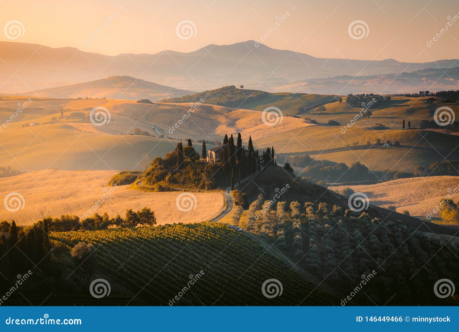 scenic tuscany landscape at sunrise, val d`orcia, italy