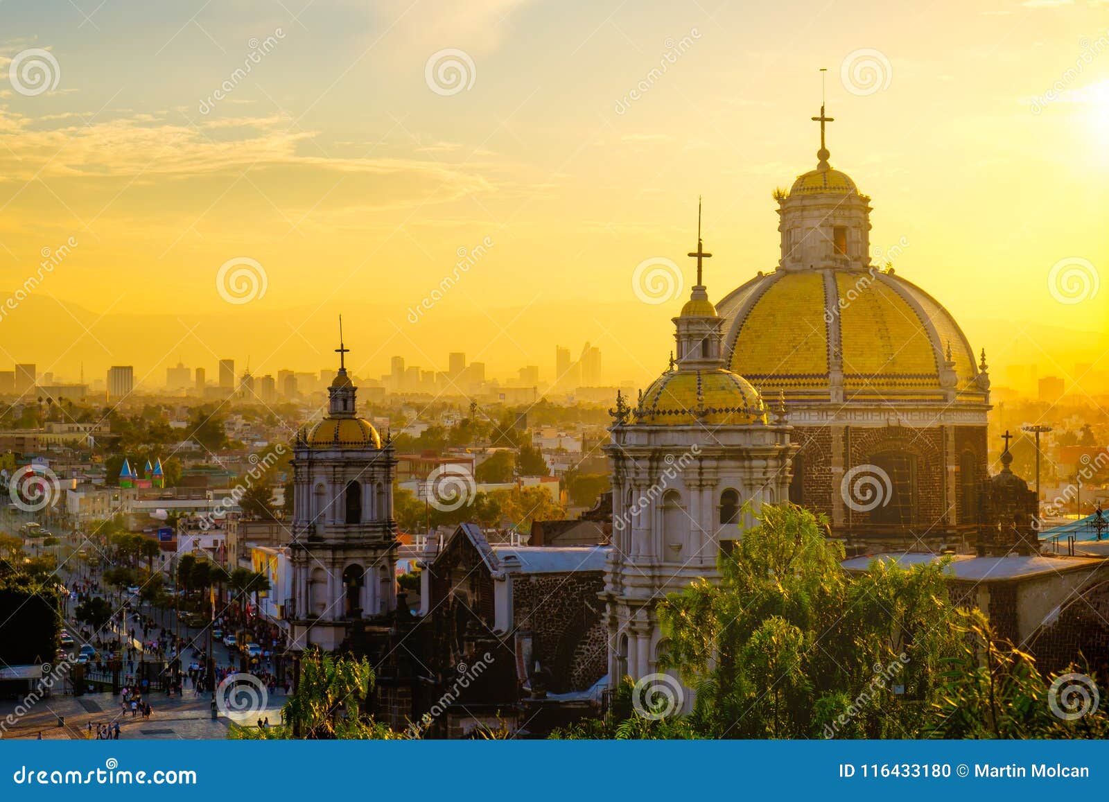 scenic view at basilica of guadalupe with mexico city skyline