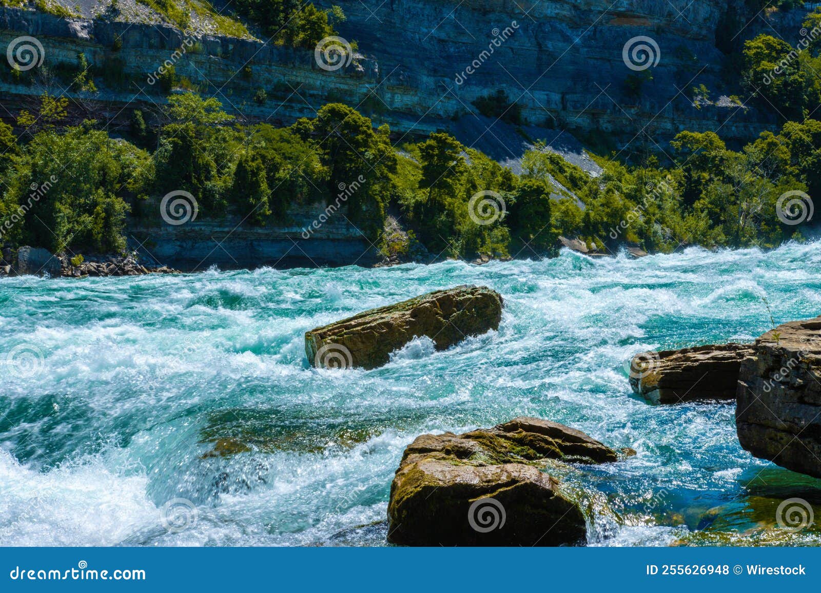 Scenic View of a Blue Crystal Clear River with Rocky Shores in the ...