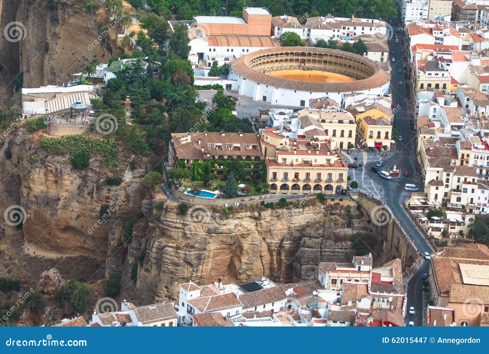 scenic view of bridge puente nuevo, canyon and bullring, ronda, malaga, andalusia, spain. aerial views