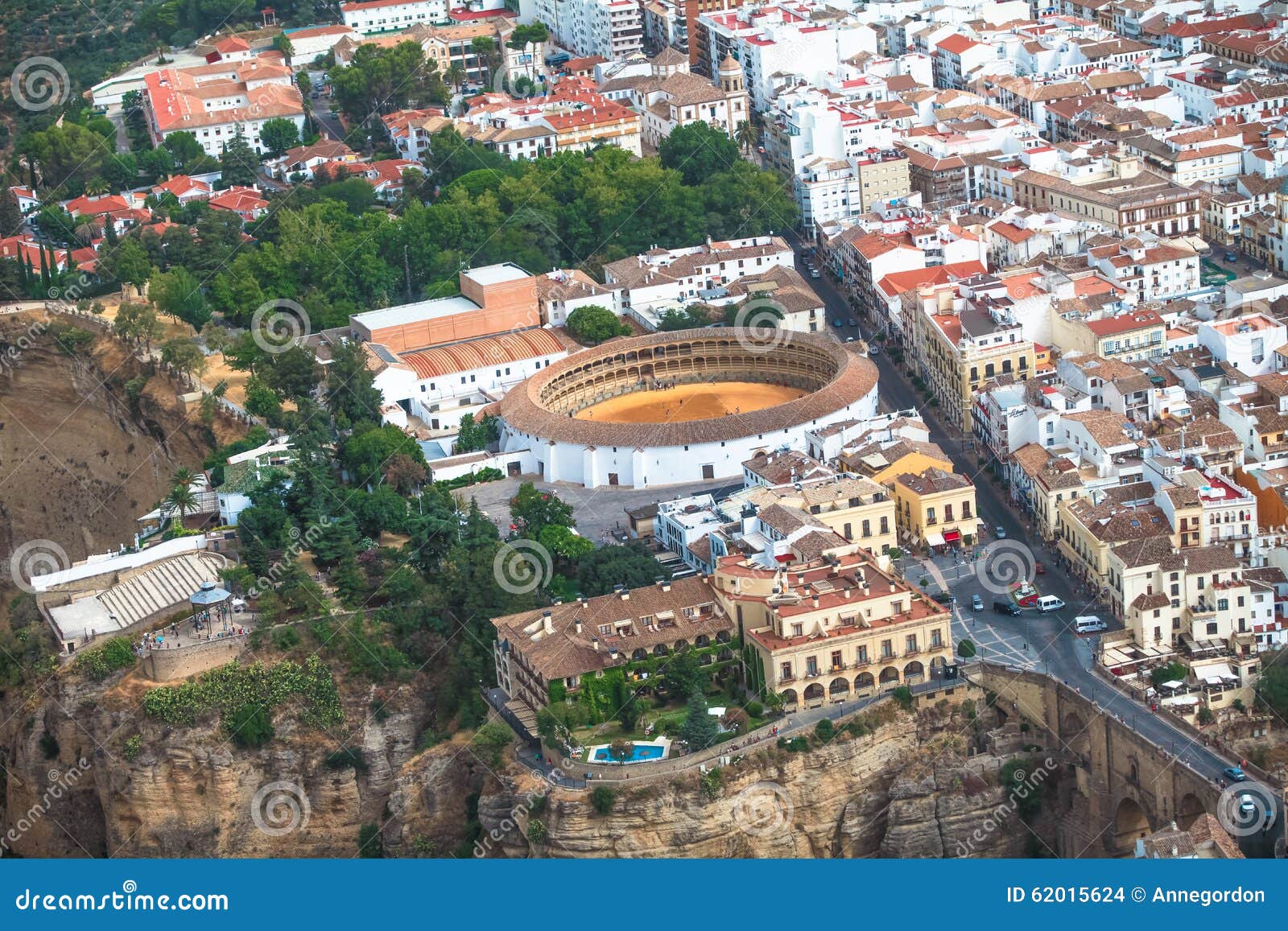 scenic view of bridge puente nuevo, canyon, lookout and bullring, ronda, malaga, andalusia, spain. aerial views