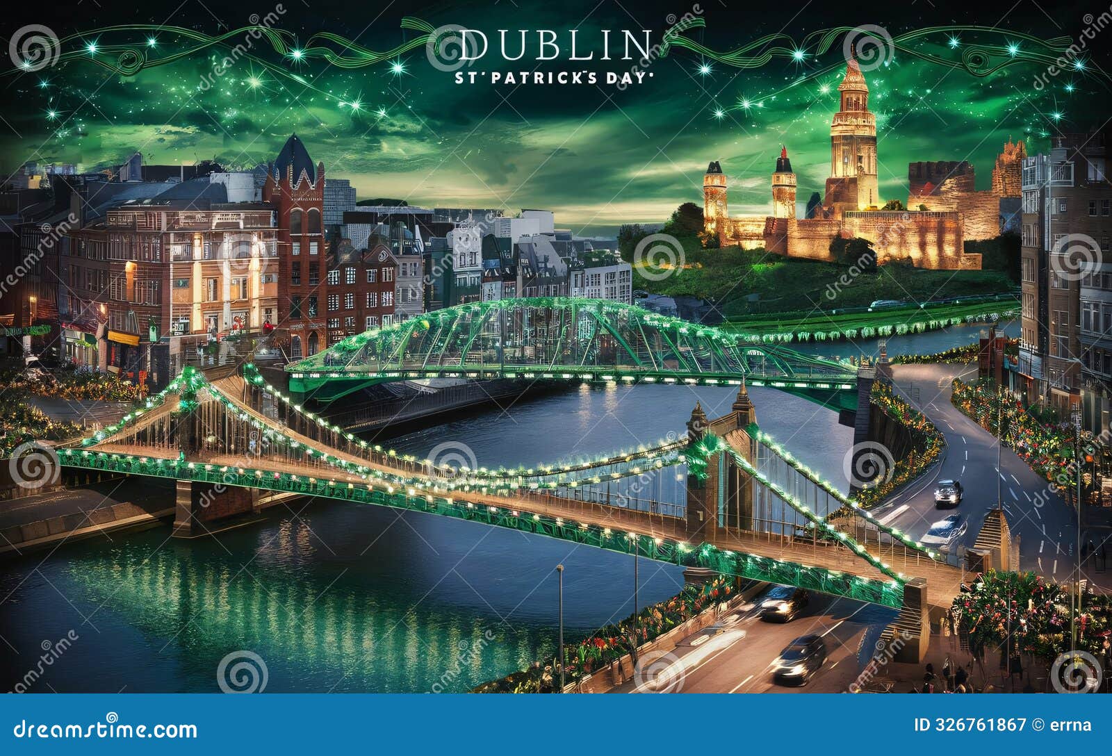 ai-generated, a scenic view of dublin, with landmarks like the ha'penny bridge and dublin castle, st. patrick's day
