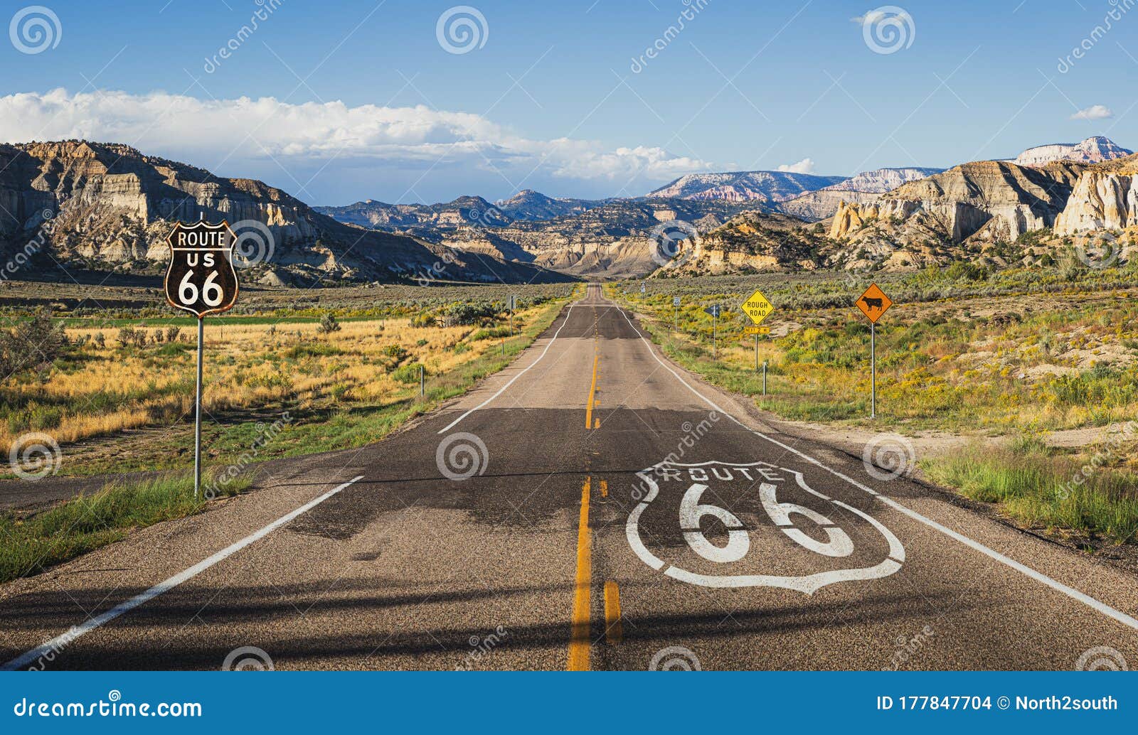 scenic view of  famous route 66 in classic american mountain scenery at sunset