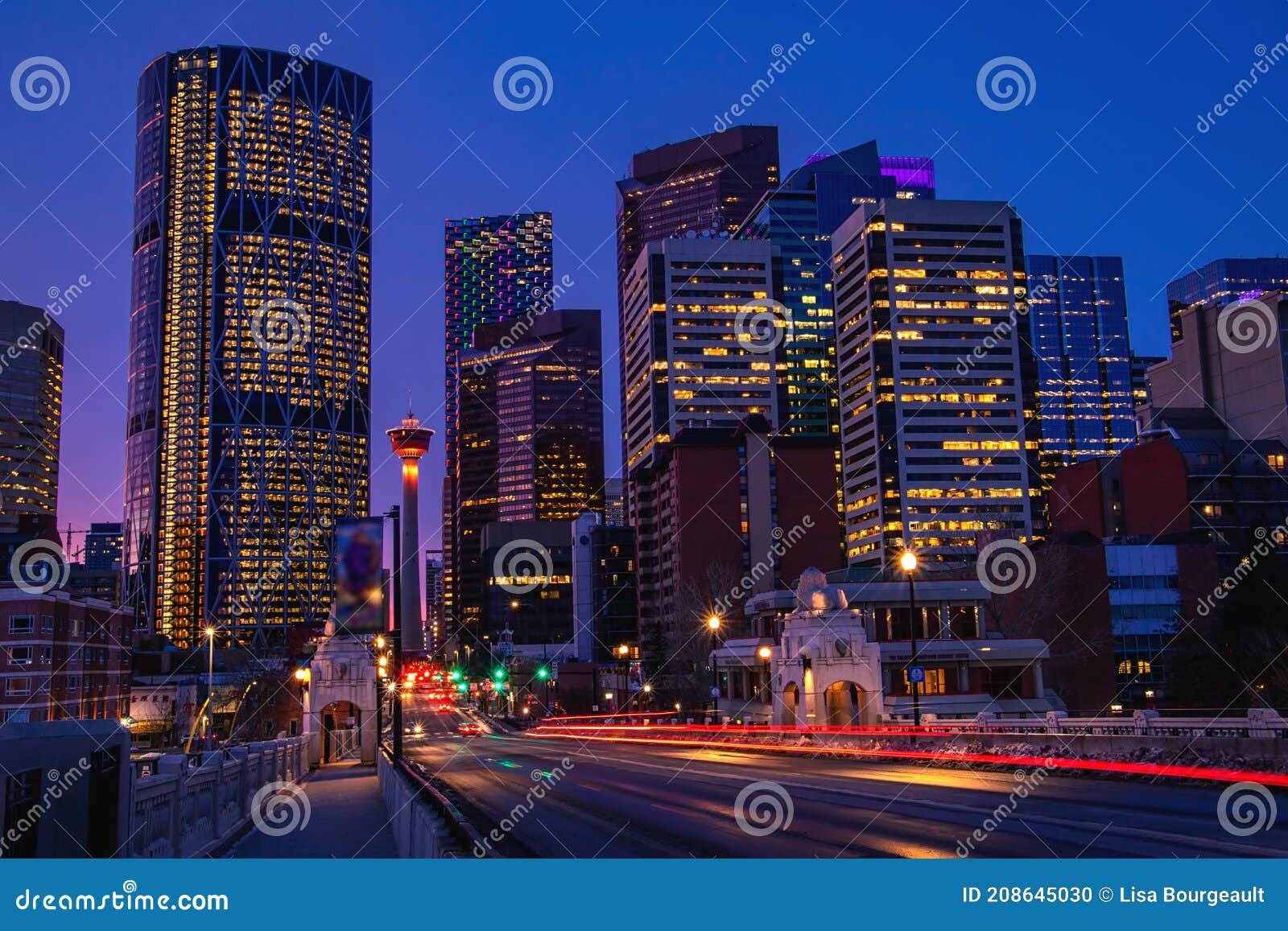 Downtown Calgary Light Trails Glowing at Night Stock Photo Image of