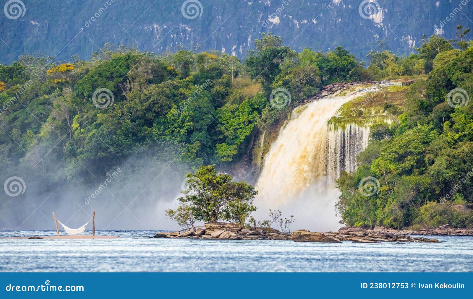 scenic waterfall from carrao river in canaima national park venezuela with hammock to relax