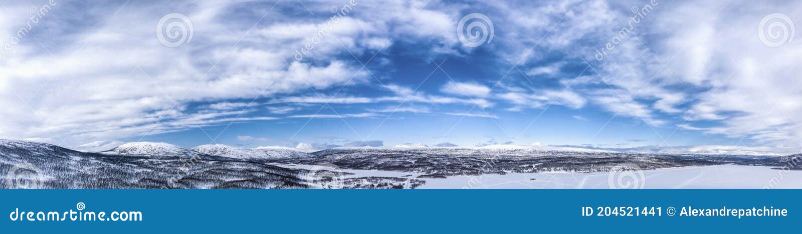 scenic wide aerial panorama view on scandinavian mountains close to joesjo lake in swedish lapland in winter cover, frosty sunny